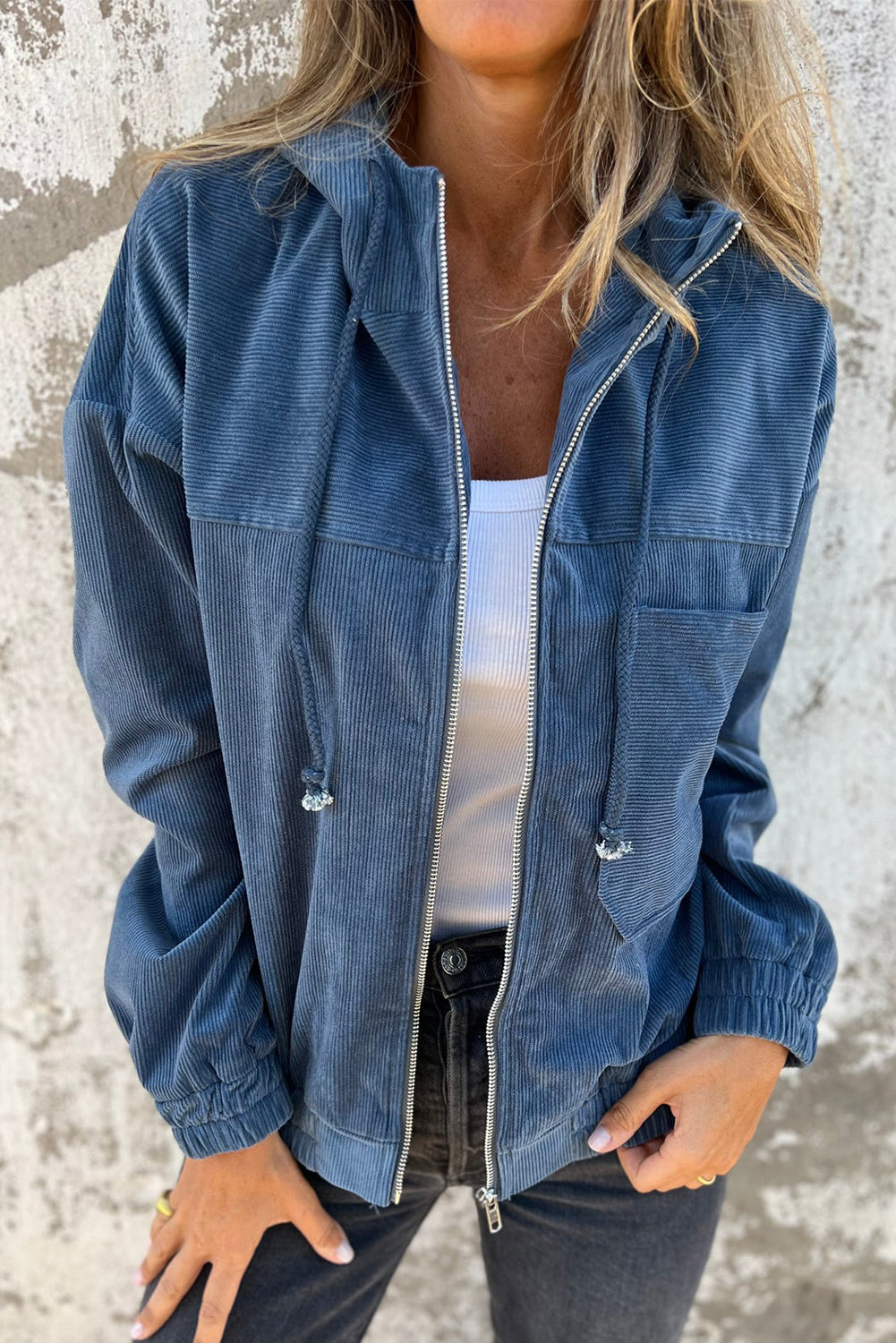 Veste Teal à Capuche avec Zip et Cordon de Serrage