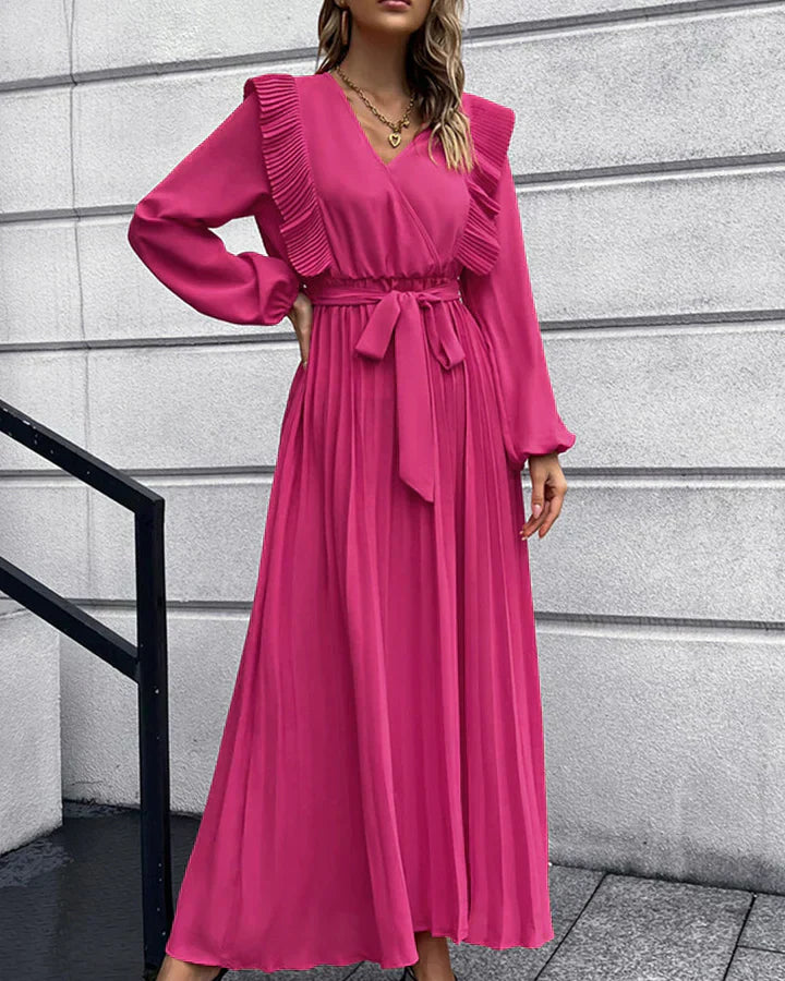 Robe Maxi Élégante Plissée à Col V - Idéale pour Toutes les Occasions