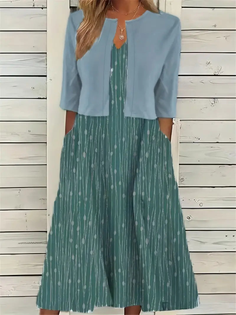 Ensemble Chic de Robe Fleurie à Deux Pièces avec Haut Uni à Col Rond