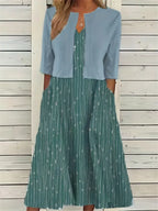 Ensemble Chic de Robe Fleurie à Deux Pièces avec Haut Uni à Col Rond