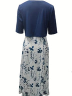 Ensemble Chic de Robe Fleurie à Deux Pièces avec Haut Uni à Col Rond