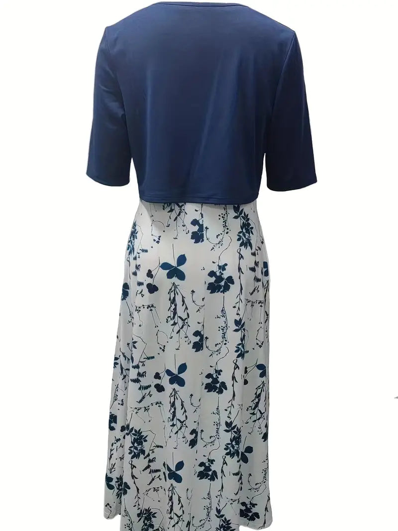 Ensemble Chic de Robe Fleurie à Deux Pièces avec Haut Uni à Col Rond