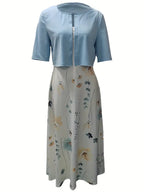 Ensemble Chic de Robe Fleurie à Deux Pièces avec Haut Uni à Col Rond
