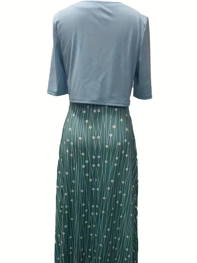 Ensemble Chic de Robe Fleurie à Deux Pièces avec Haut Uni à Col Rond