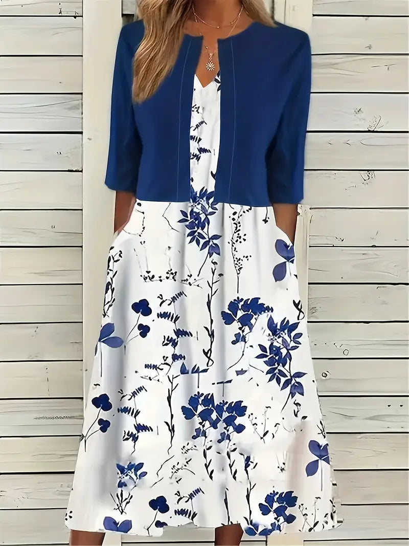 Ensemble Chic de Robe Fleurie à Deux Pièces avec Haut Uni à Col Rond
