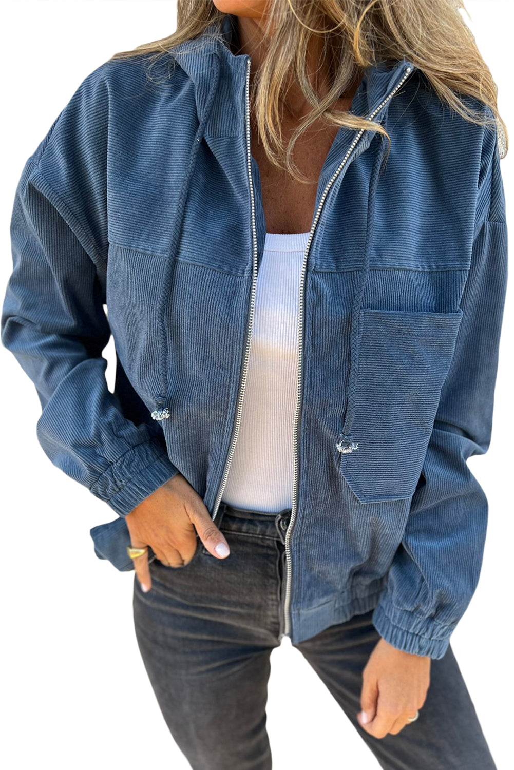 Veste Teal à Capuche avec Zip et Cordon de Serrage