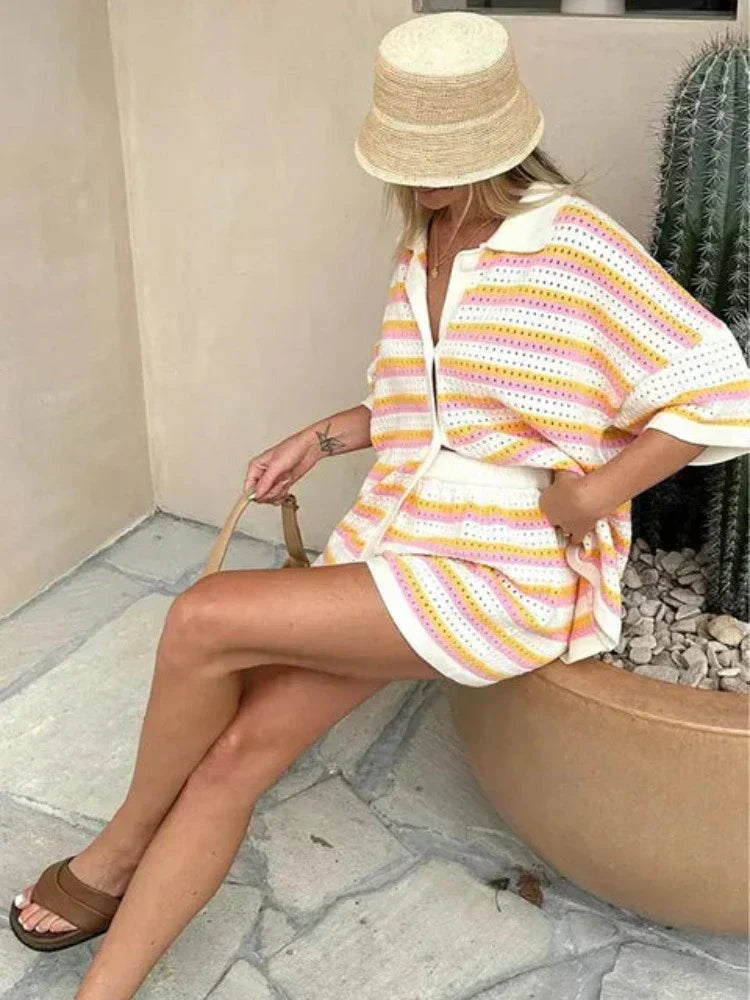 Ensemble Femme en Tricot à Rayures Contrastées - 2 Pièces