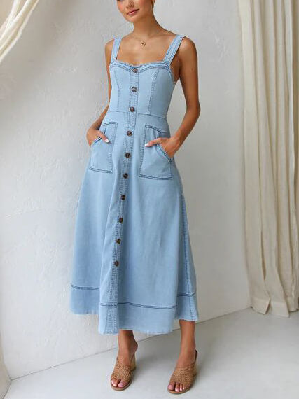 Robe Midi en Jean Décontractée avec Détails Boutonnés
