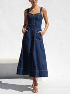 Robe Midi en Jean Décontractée avec Détails Boutonnés