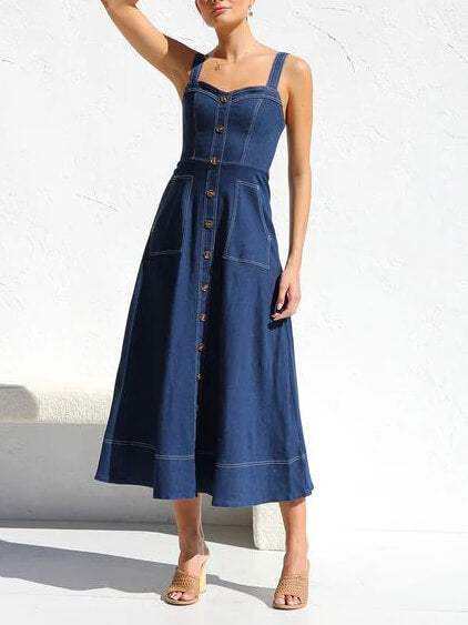 Robe Midi en Jean Décontractée avec Détails Boutonnés
