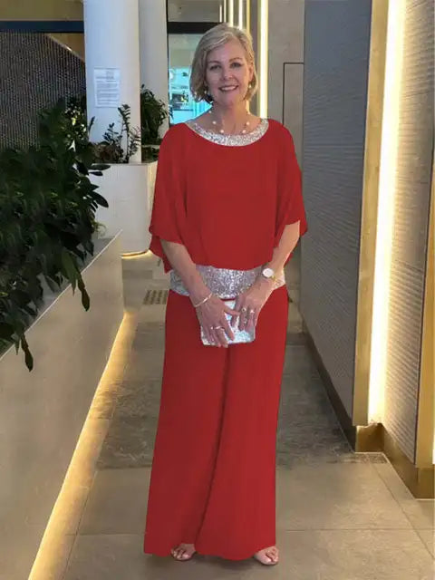 Ensemble de Soirée Élégant : Haut Scintillant et Pantalons Palazzo