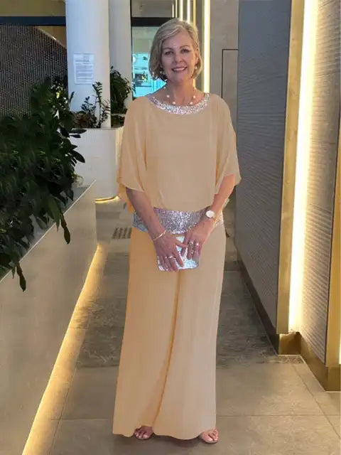 Ensemble de Soirée Élégant : Haut Brillant et Pantalons Palazzo