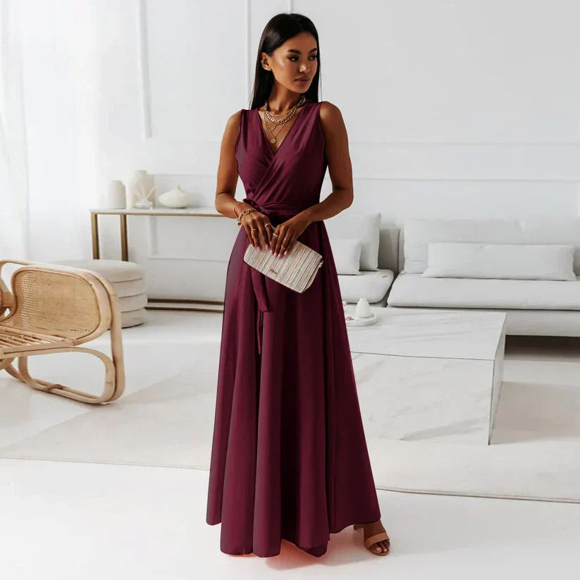 Robe Maxi Unie à Décolleté en V pour Femmes