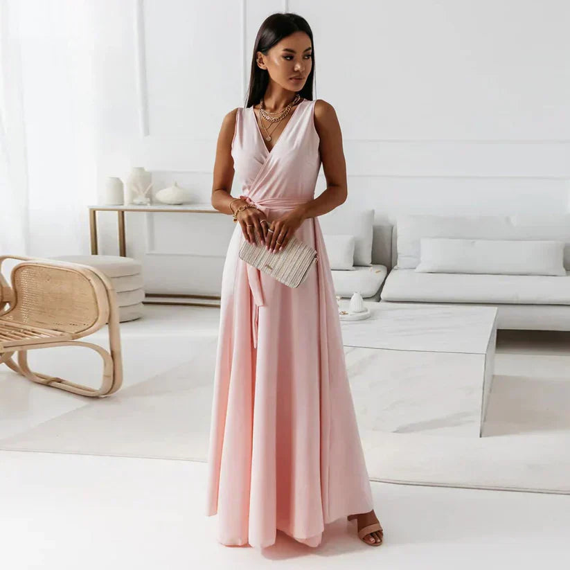 Robe Maxi Unie à Décolleté en V pour Femmes