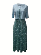 Ensemble Chic de Robe Fleurie à Deux Pièces avec Haut Uni à Col Rond