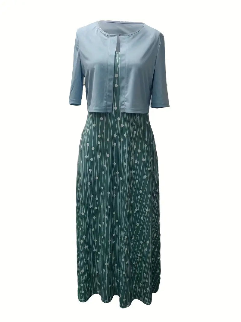 Ensemble Chic de Robe Fleurie à Deux Pièces avec Haut Uni à Col Rond