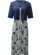Ensemble Chic de Robe Fleurie à Deux Pièces avec Haut Uni à Col Rond