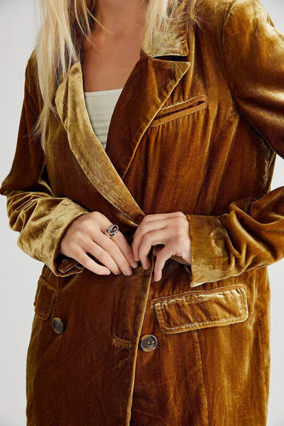 Blazer en Velours Élégant à Manches Longues avec Boutonnage
